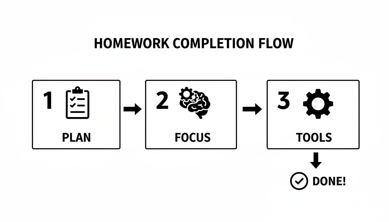 A homework completion flowchart showing three steps: Plan, Focus, and Tools, leading to Done.