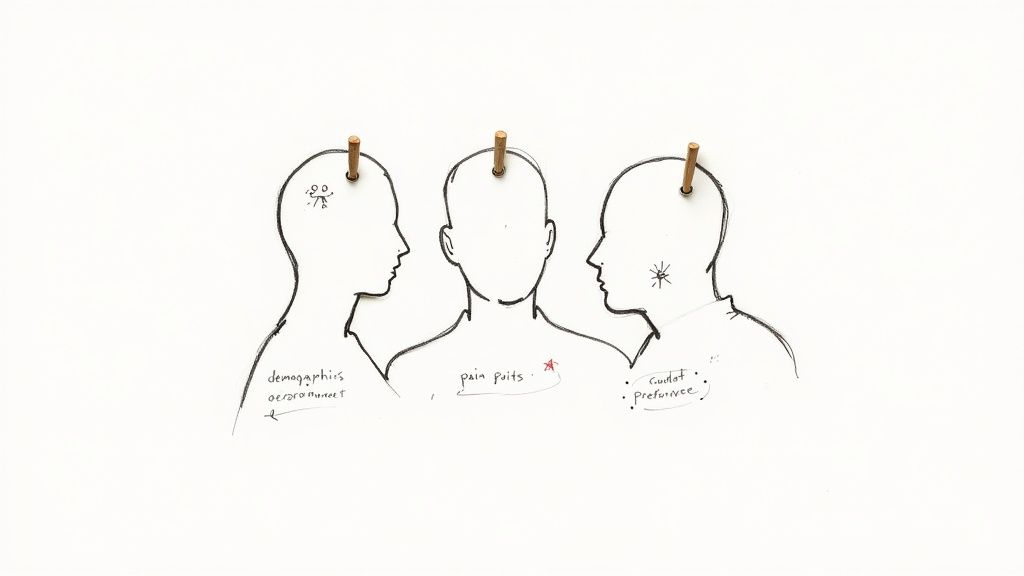 A drawing of three human head outlines with wooden pegs, illustrating demographics, pain points, and preferences.