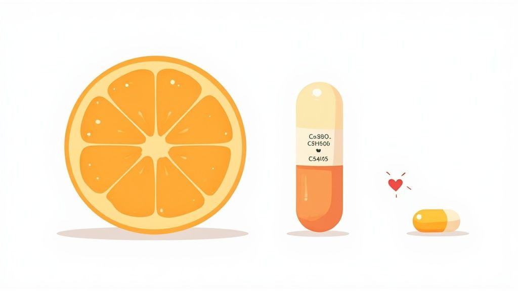 An assortment of fresh citrus fruits and Vitamin C tablets, symbolizing the health benefits of ascorbic acid.