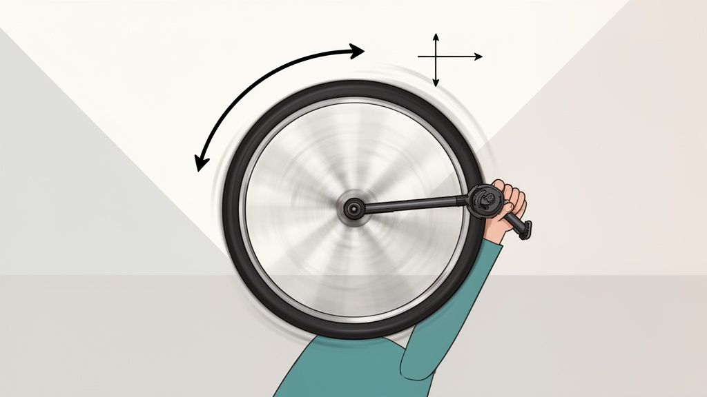 A person's hand holds a rapidly spinning bicycle wheel, illustrating rotational motion with arrows.