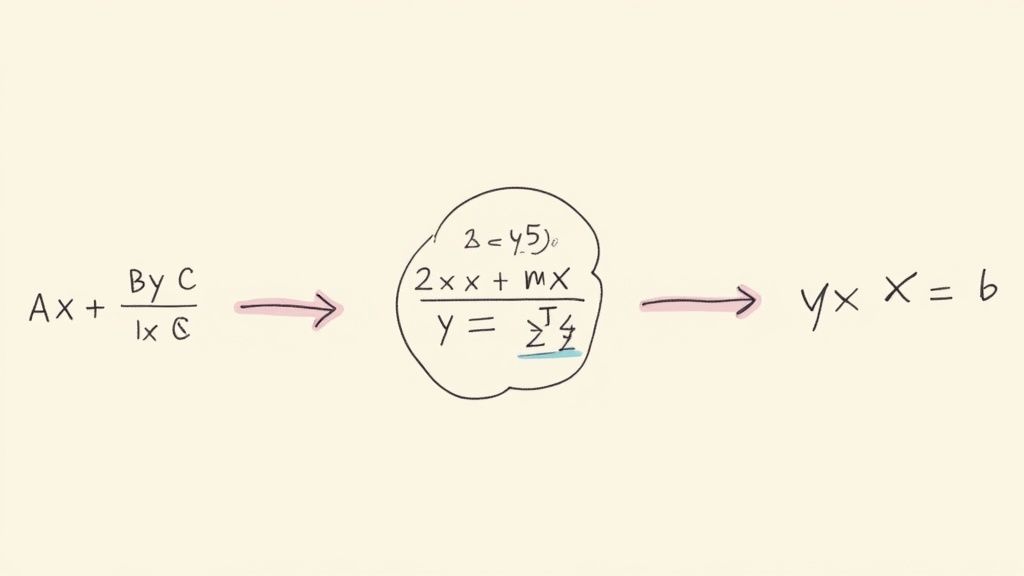 A series of handwritten mathematical equations and transformations connected by arrows.
