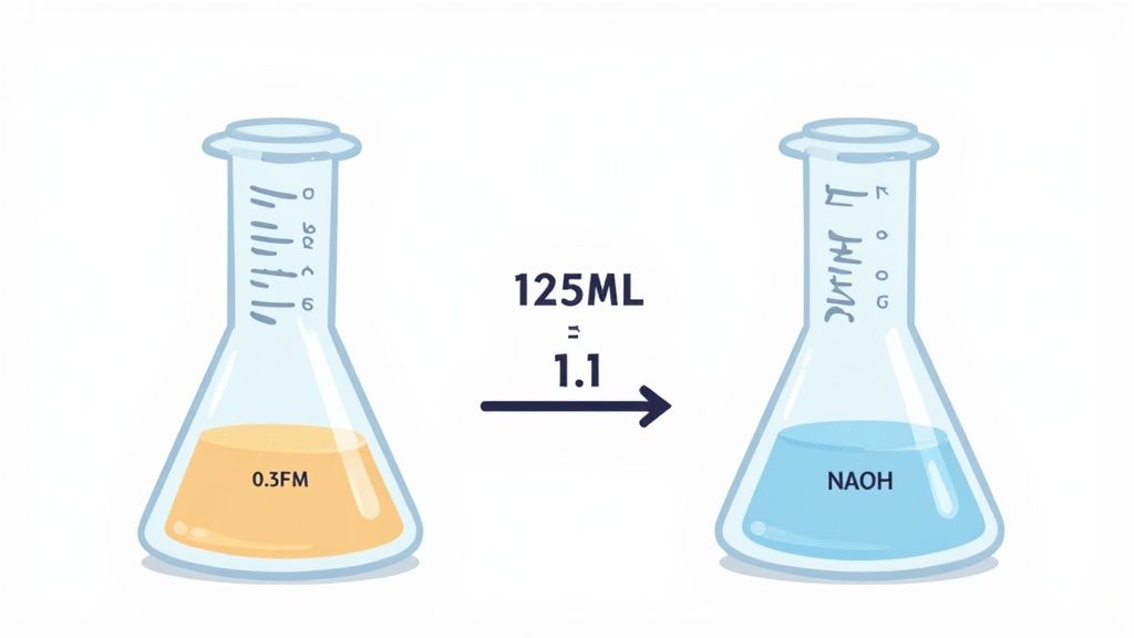 Diagram showing two chemistry flasks for a dilution calculation, with initial concentration, volume, and final substance.