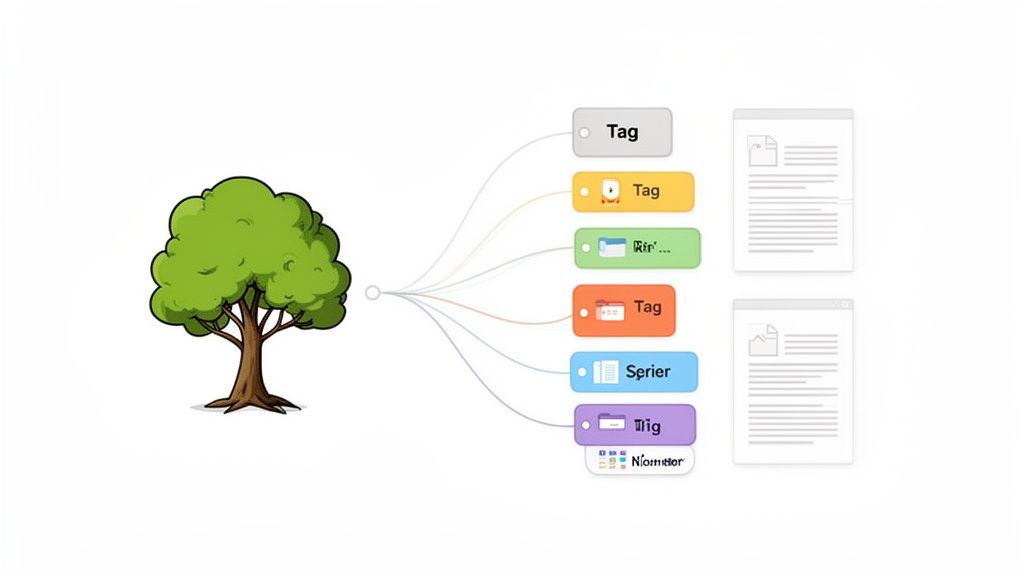 Illustrative diagram of a tree connecting to colorful tags and document files, representing knowledge management.