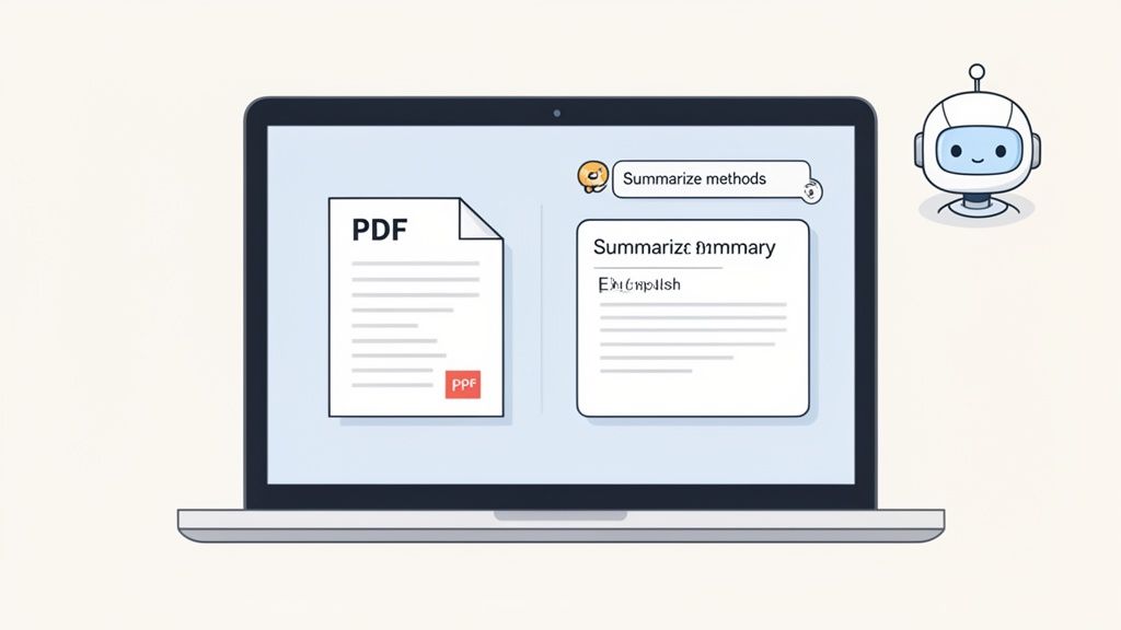 A laptop screen displaying a PDF document and an AI summarization tool with a robot helper.