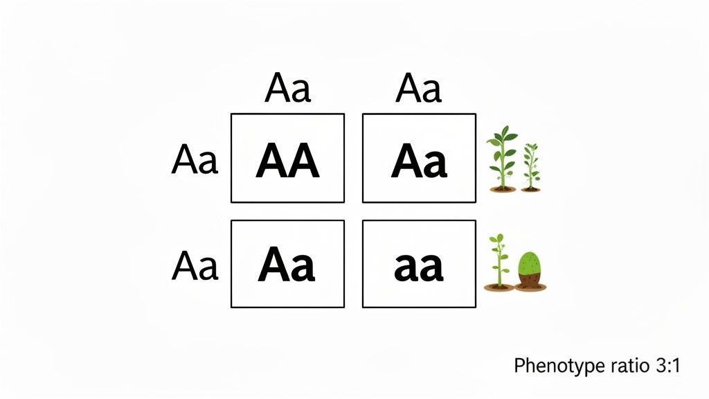 Punnett square showing a monohybrid cross (Aa x Aa) resulting in AA, Aa, aa genotypes and a 3:1 phenotype ratio with plants.