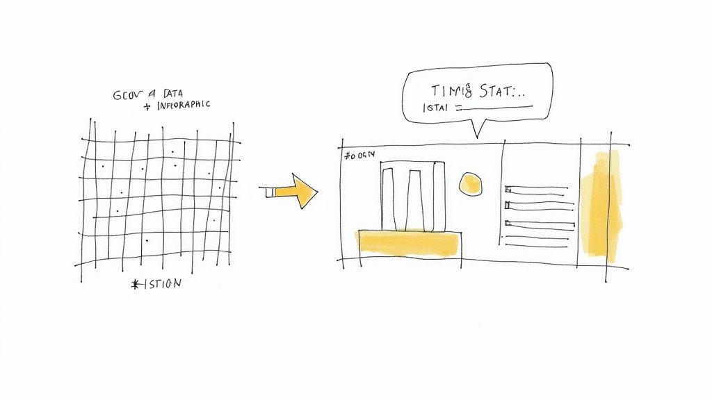 A hand-drawn diagram showing data in a grid transforming into a timing statistics interface with charts.