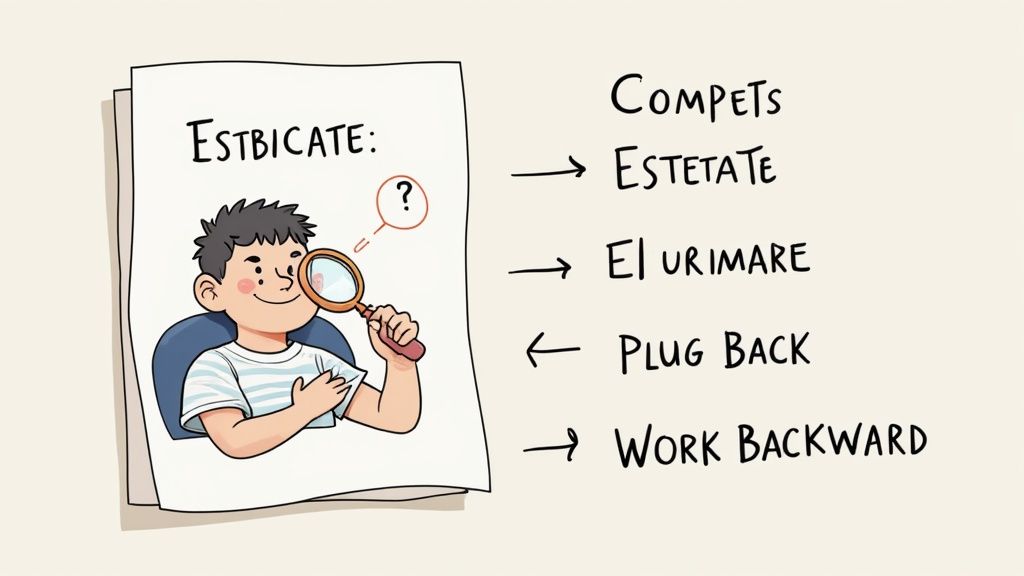 A magnifying glass hovering over a complex math equation, highlighting a single incorrect number to symbolize finding and fixing errors.
