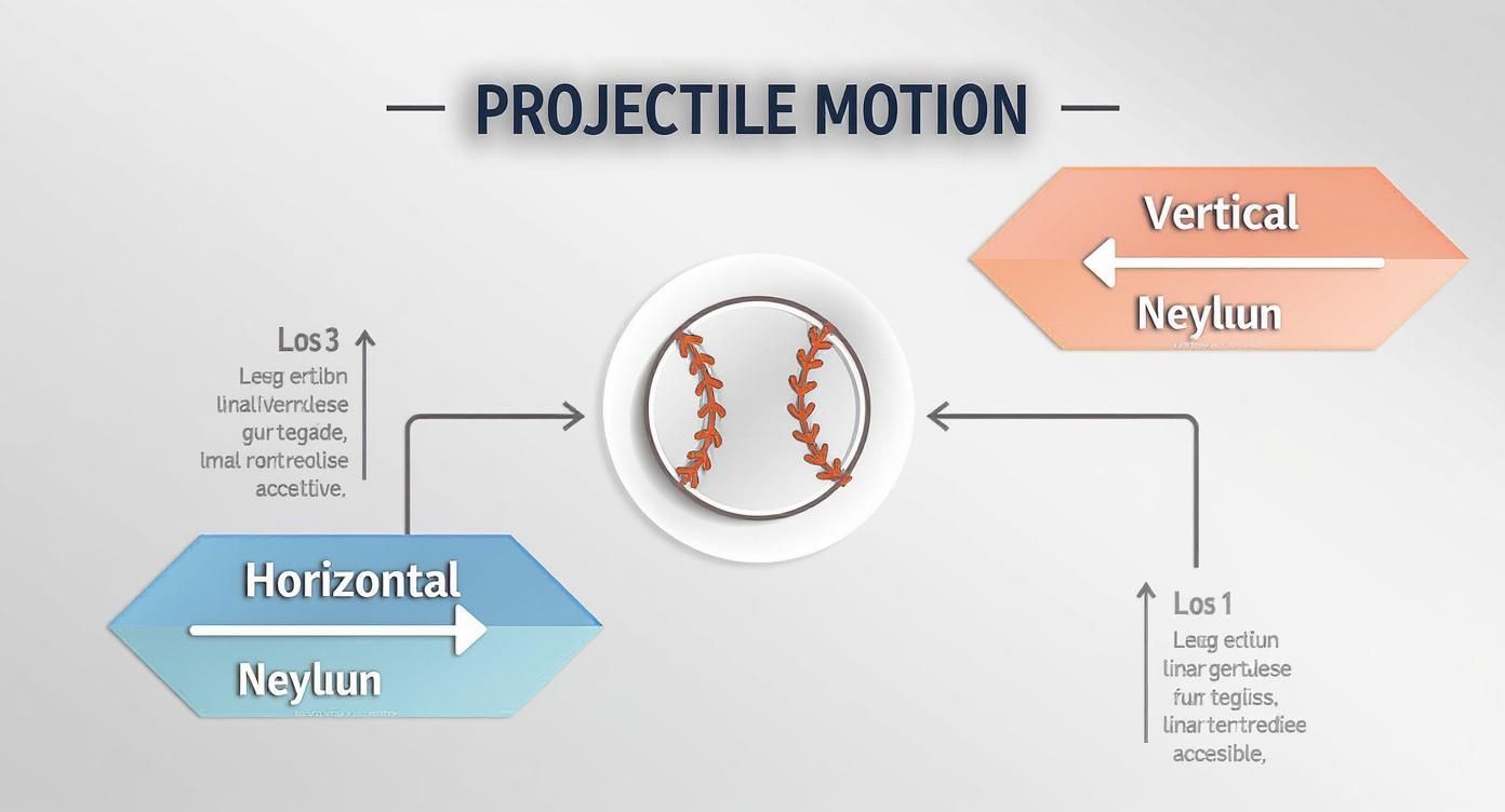 Diagram illustrating projectile motion principles using a baseball, showing horizontal and vertical components with descriptions.