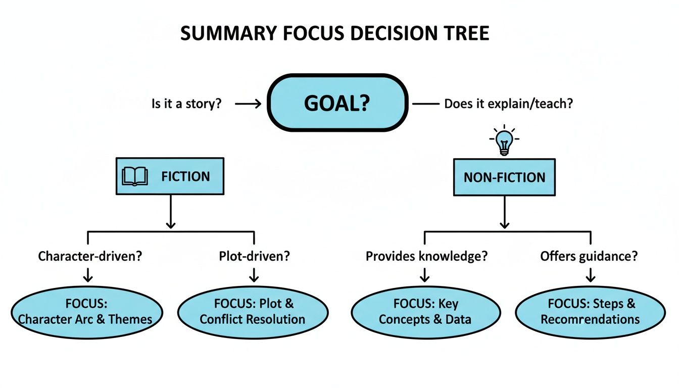 A decision tree flowchart for summarizing content, distinguishing between fiction and non-fiction strategies.