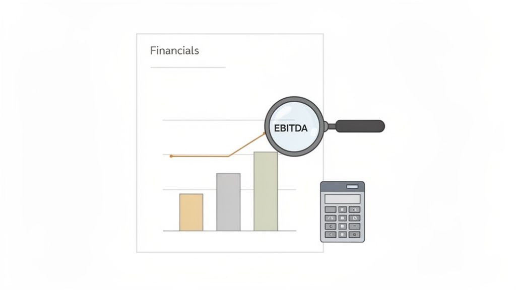 A financial chart titled 'Financials' showing EBITDA growth, with a magnifying glass and calculator.