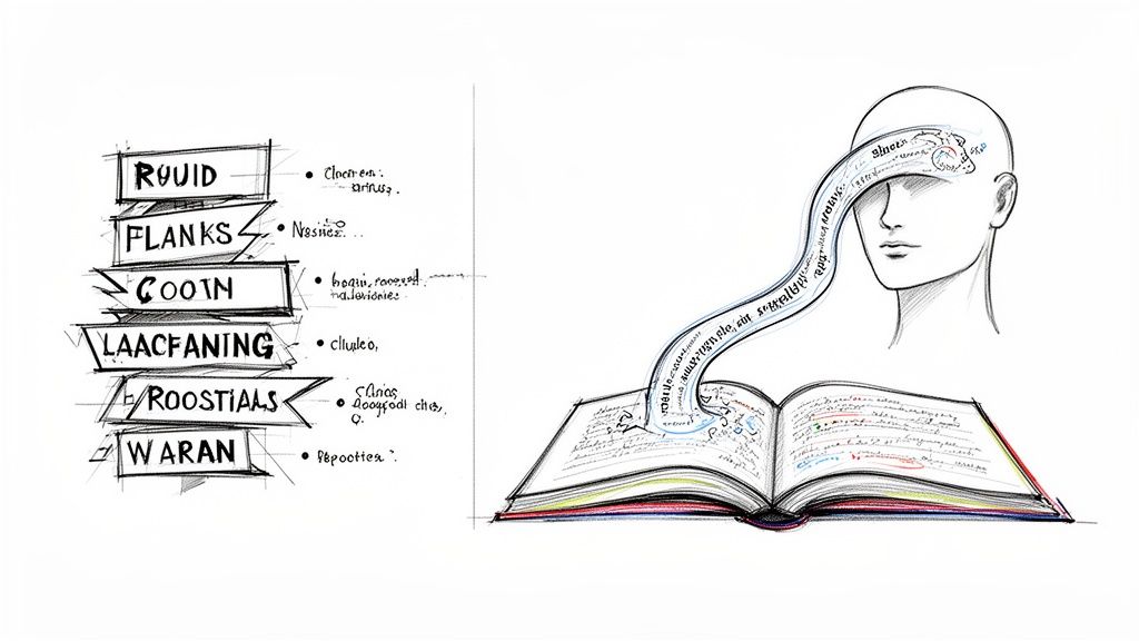A conceptual drawing illustrating text flowing from an open book into a person's head, next to a vocabulary list.