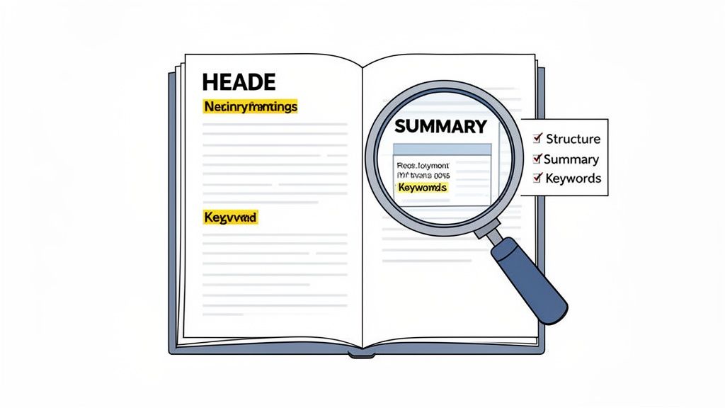 A magnifying glass highlights a book's summary, keywords, and structure for efficient reading.