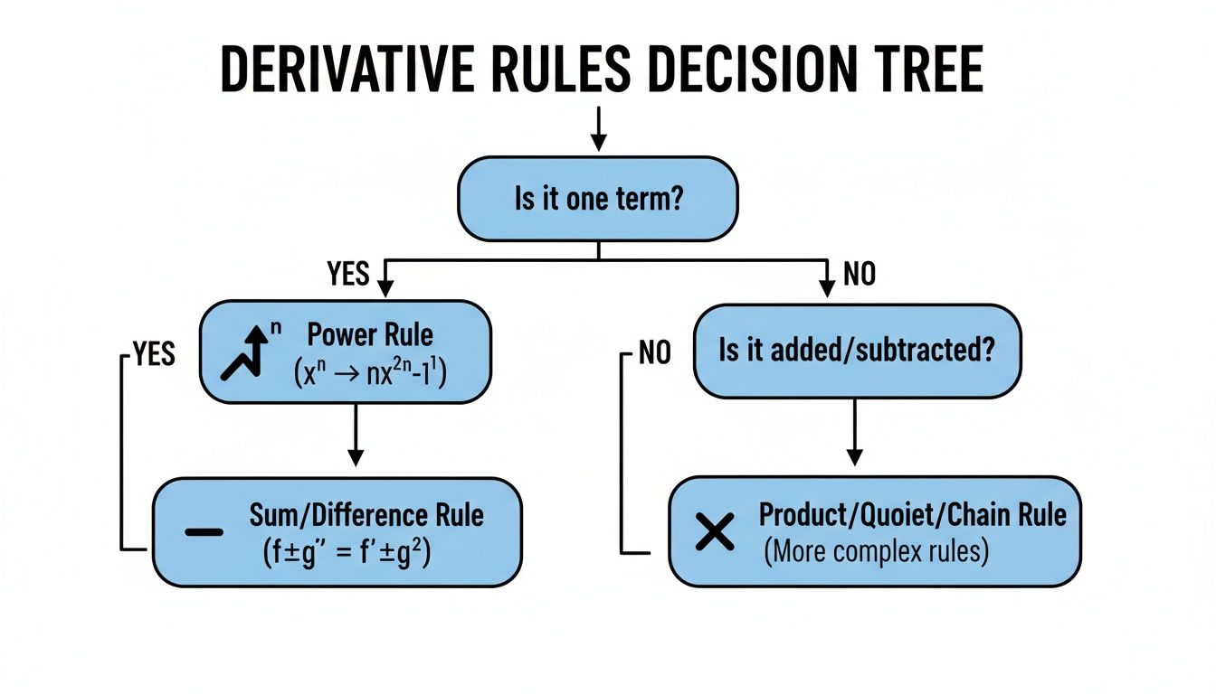 A derivative rules decision tree flowchart guiding calculus students to select the correct differentiation method.