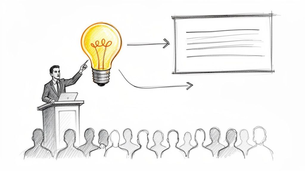 A speaker at a podium points to a lightbulb, illustrating idea presentation to an audience.