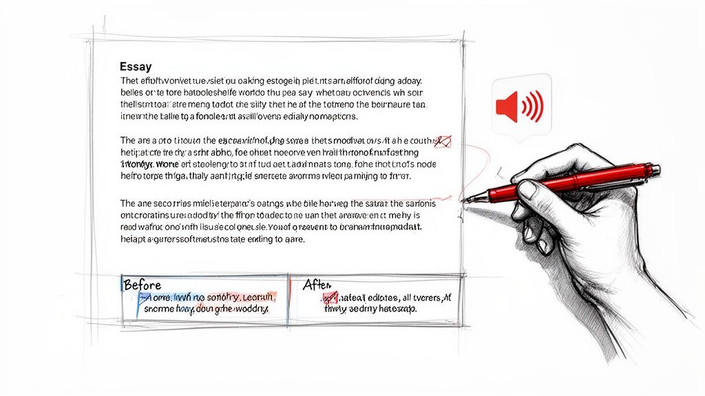 A hand with a red pen revises an essay on paper, showing before and after edits.