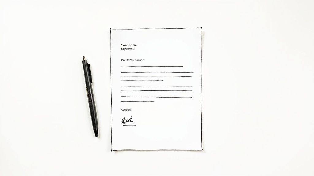 A minimalist flat lay of a cover letter document with a black pen on a white background.