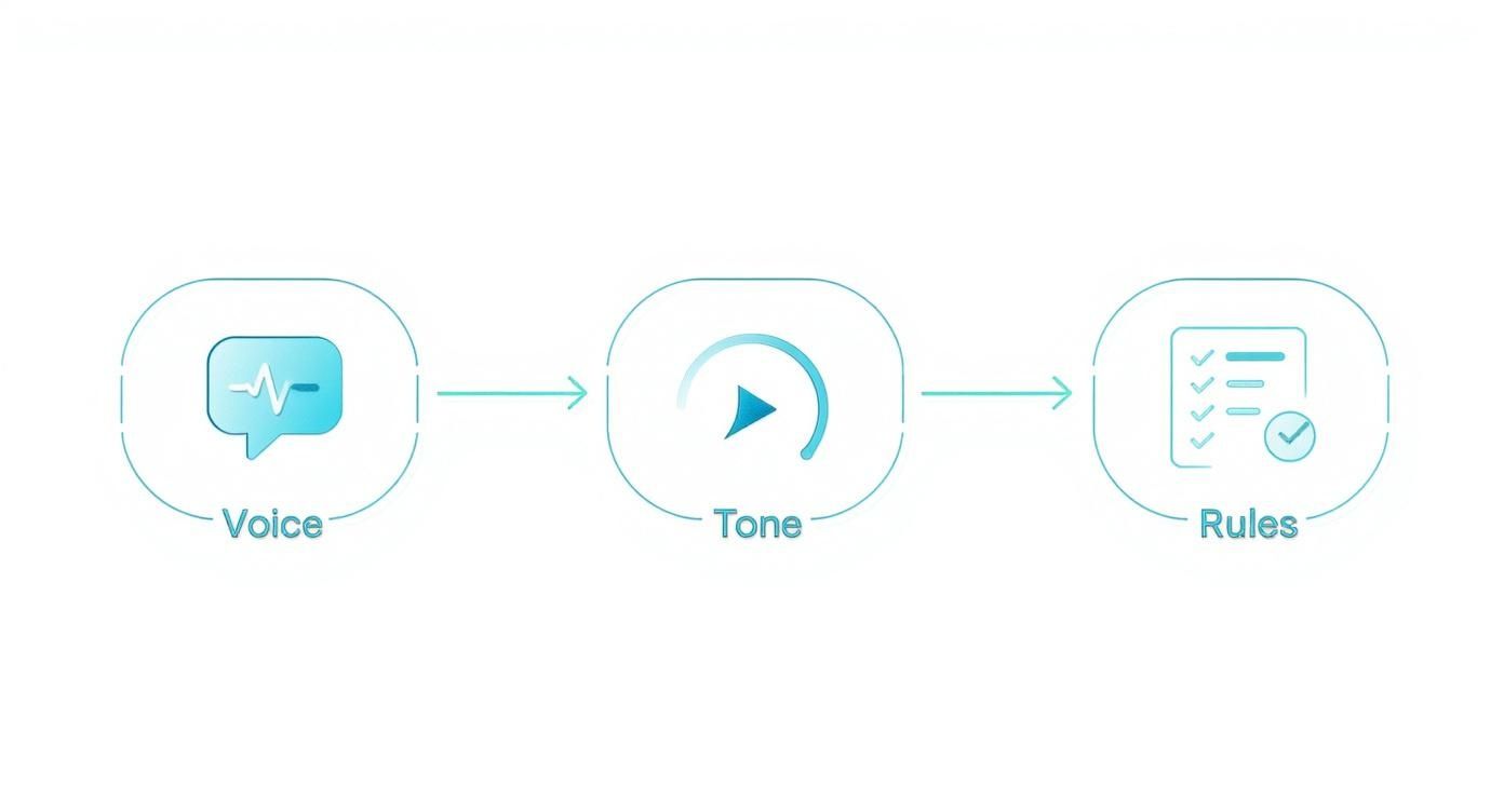 A diagram outlining the flow from voice input, through tone processing, to the application of rules.