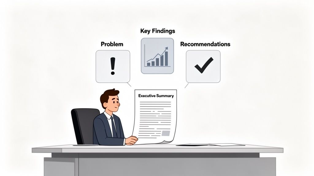 A person studies an executive summary, with connected bubbles illustrating problem, key findings, and recommendations.