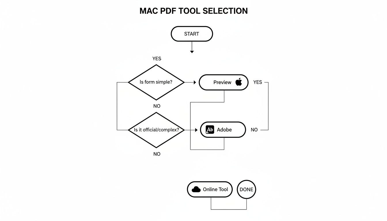 Flowchart guiding Mac users to select PDF tools: Preview, Adobe, or online based on form complexity.