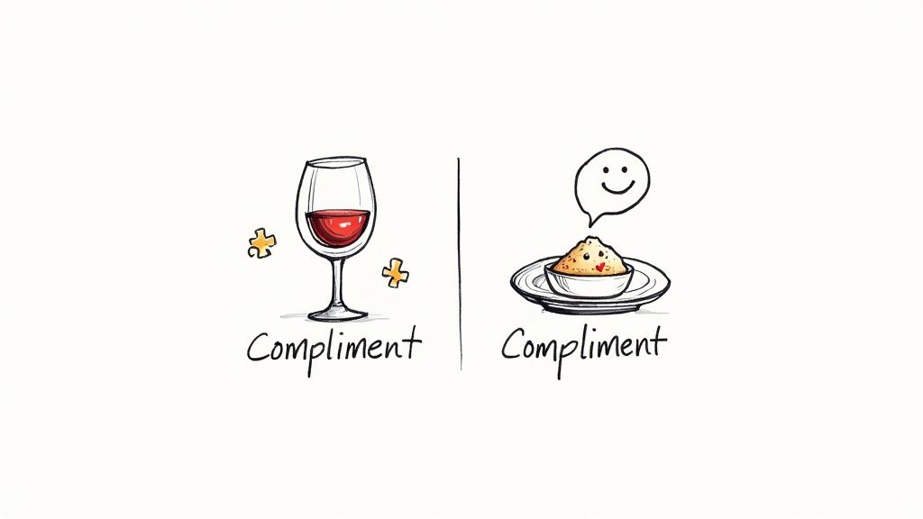 A playful illustration of a wine glass and a bowl of food, both labeled 'Compliment', highlighting homophones.