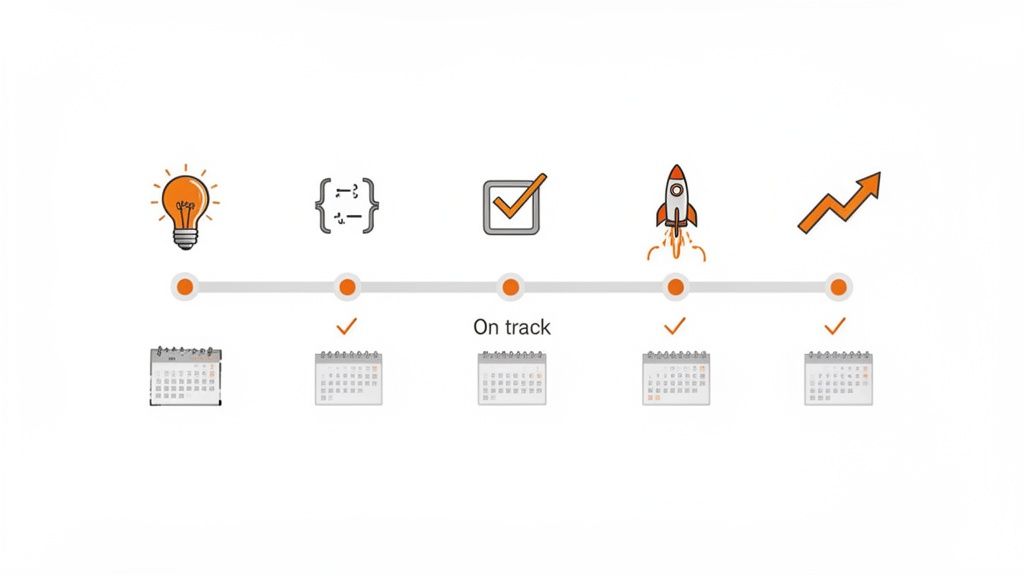 A colorful timeline illustrates project development stages: idea, coding, on track, launch, and upward growth.