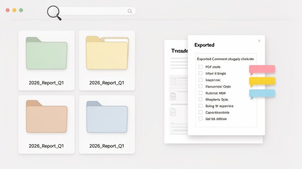 A digital interface displays file folders for '2026_Report_Q1' and an 'Exported' popup with options and colorful sticky notes.