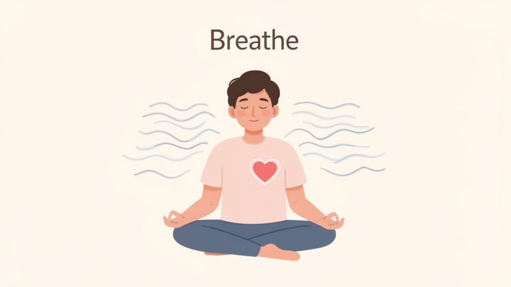 An illustration of a person meditating with closed eyes and a heart on their shirt, with the word 'Breathe'.