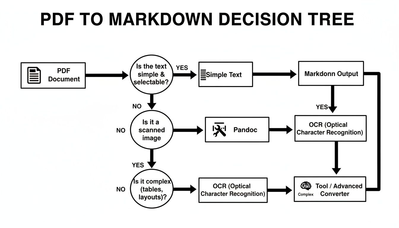 A decision tree flow chart illustrating the process of converting PDF documents to Markdown based on text complexity and type.