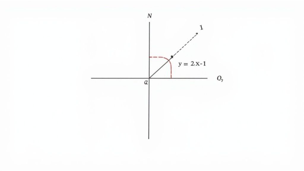 A Cartesian coordinate system displays the line segment for the equation y = 2x-1 in the first quadrant.
