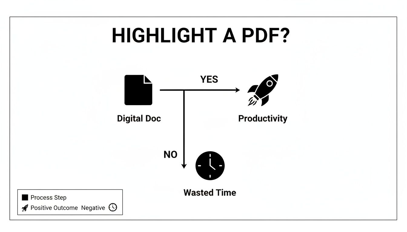 A flowchart illustrates that highlighting a digital document leads to productivity, while not doing so wastes time.
