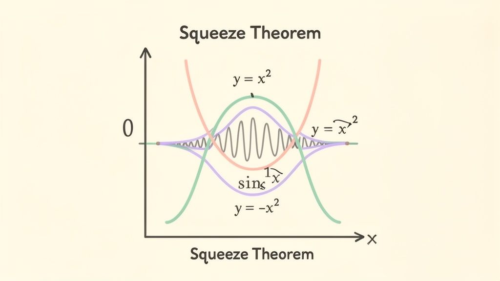 A graph illustrating the Squeeze Theorem, showing y=x², y=-x², and an oscillatory function squeezed between them.