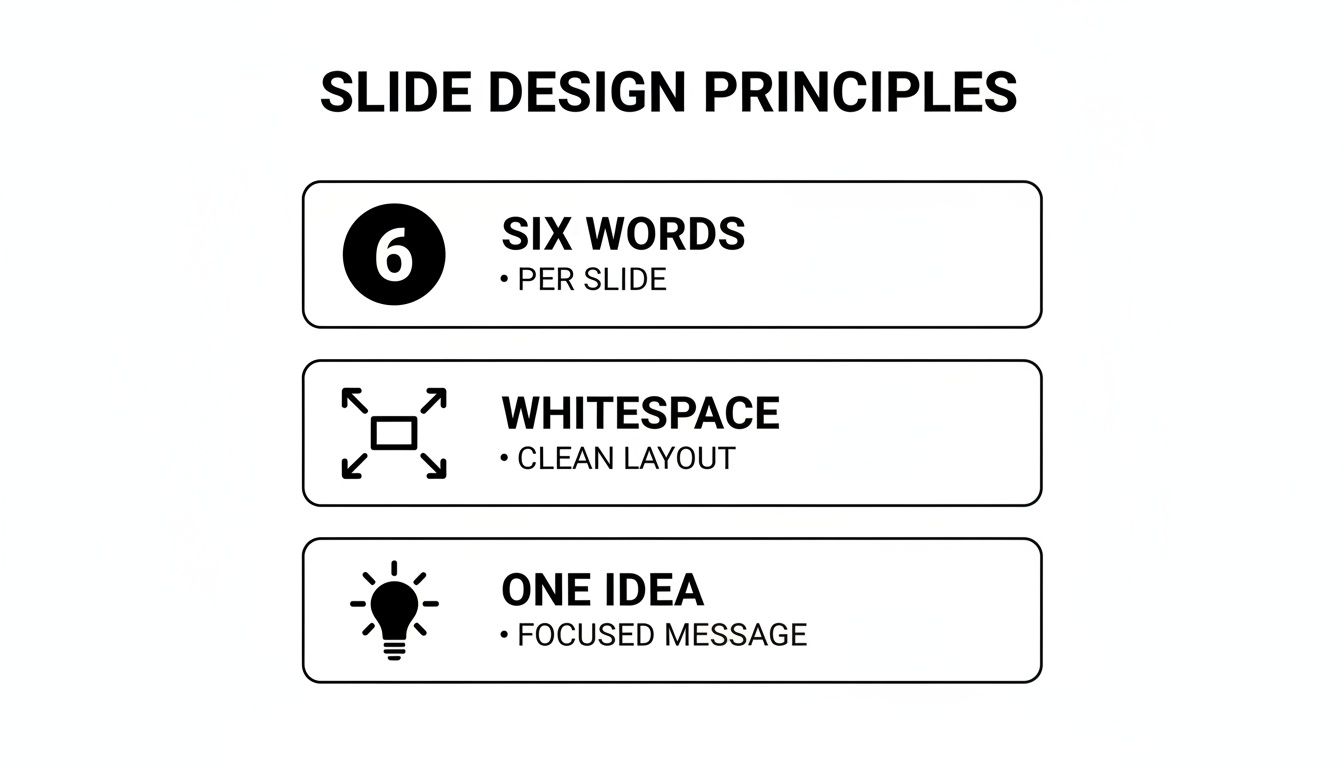 Slide design principles with three rules: six words per slide, whitespace, and one focused idea.