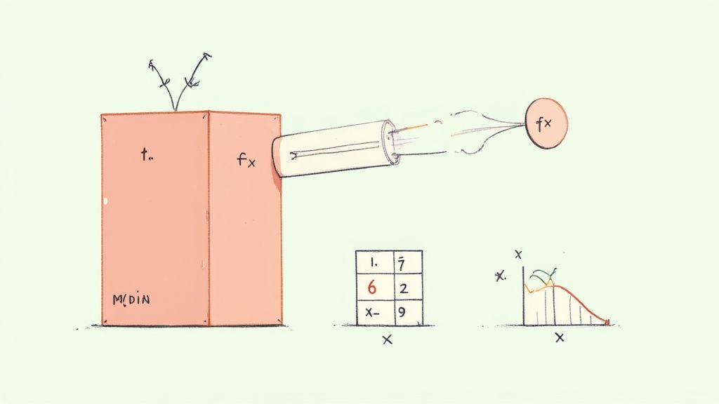 A diagram showing a function box with inputs and outputs, a formula grid, and a data distribution graph.
