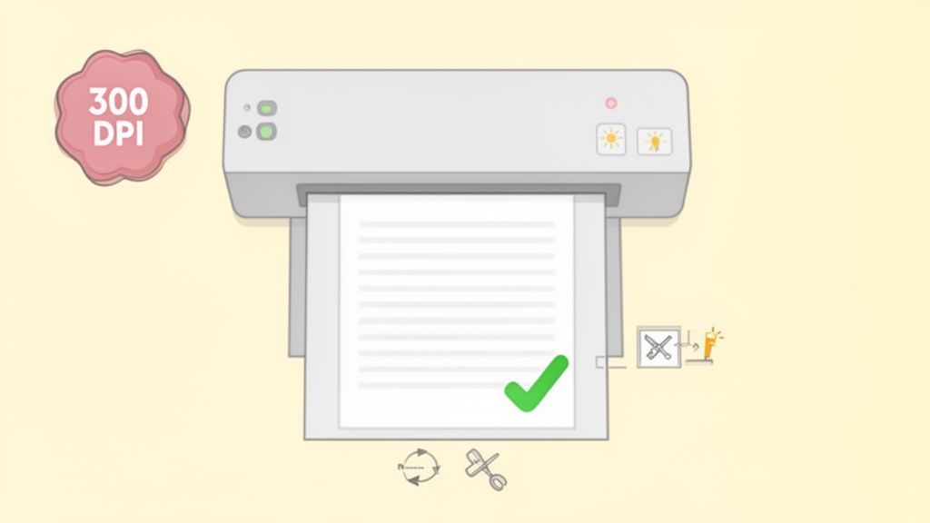 An illustration of a document scanner with a 300 DPI setting and a green checkmark, indicating a successful scan.