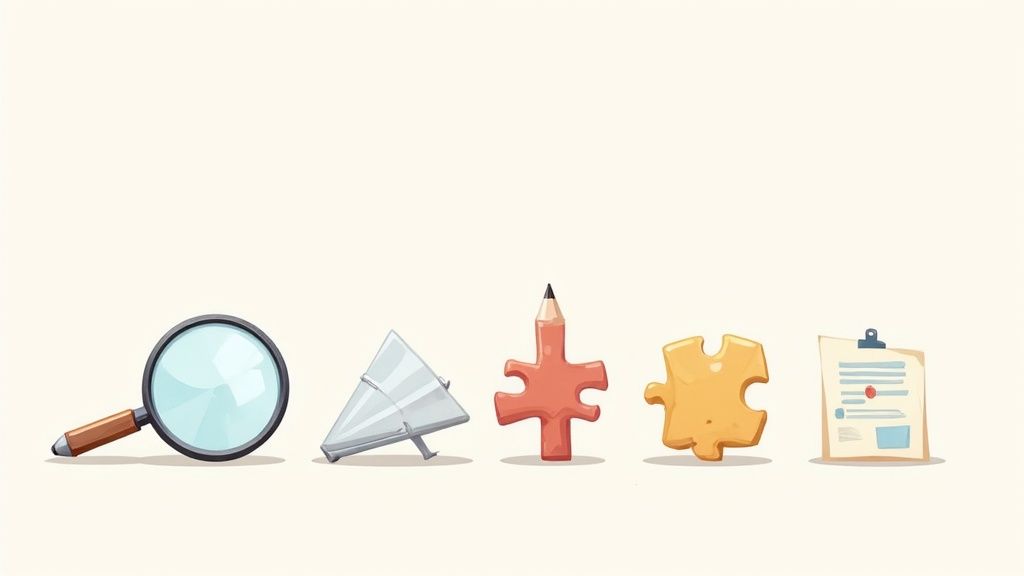 Illustrations depicting tools for problem-solving: a magnifying glass, paper airplane, pencil-puzzle, puzzle piece, and clipboard.