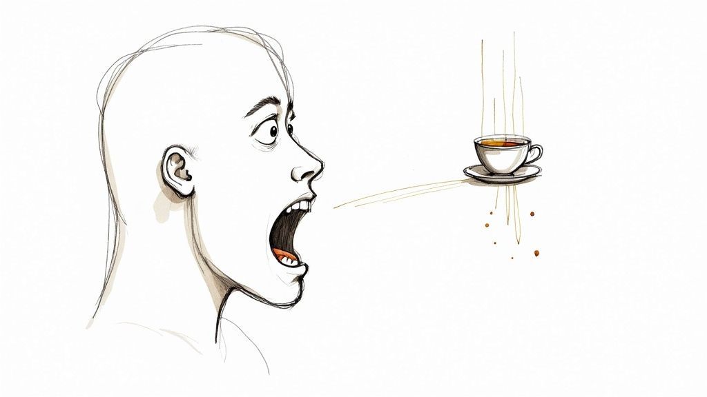 A person with a shocked expression, mouth wide open, looks at a floating, spilling coffee cup.