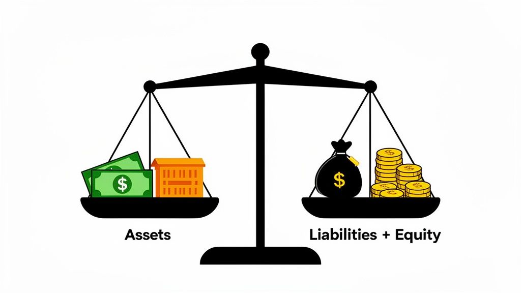 A balance scale illustrating the accounting equation: Assets = Liabilities + Equity with money and buildings.