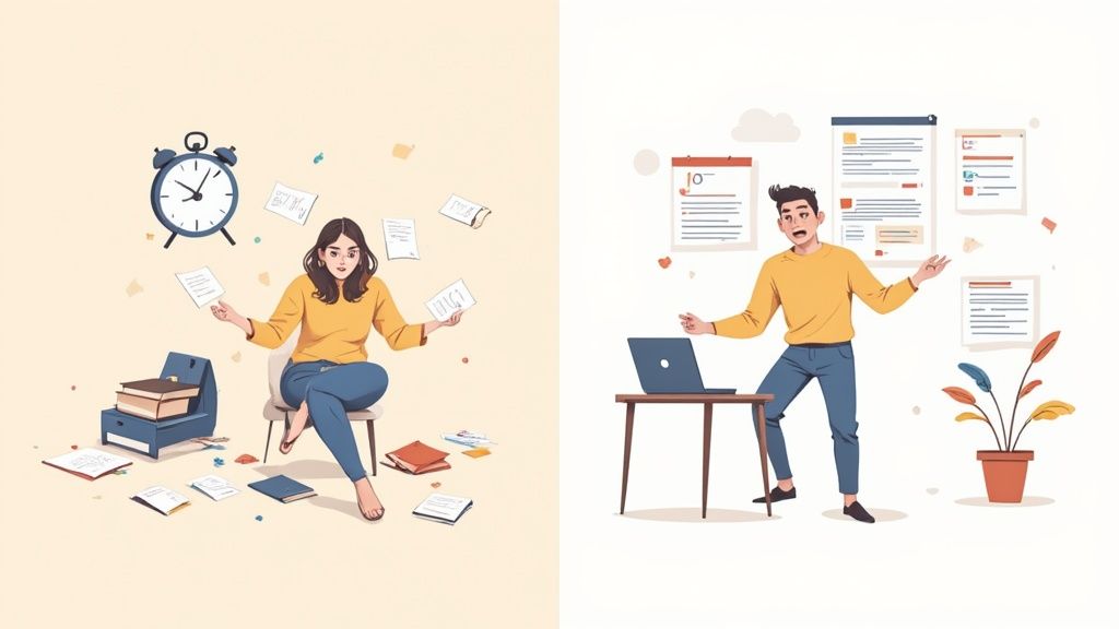 A split image showing a woman overwhelmed by papers, contrasting with a man efficiently managing digital tasks.