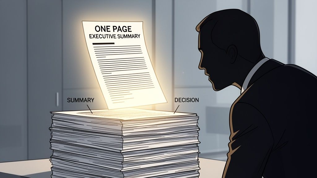 A glowing one-page executive summary floats above a large stack of papers, while a person looks on.