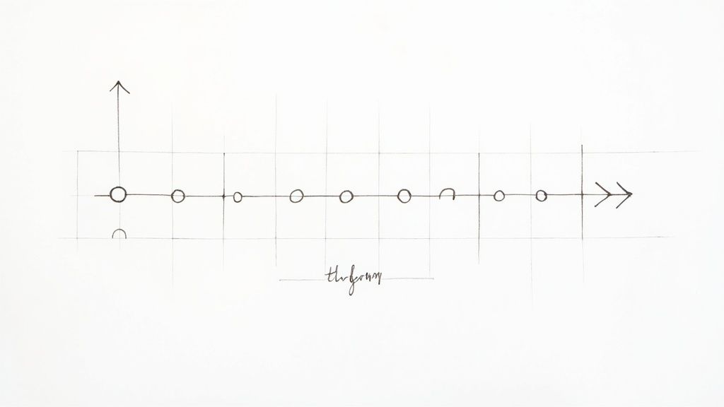 Hand-drawn diagram on a grid showing a horizontal timeline with circles, arrows, and text 'the journey'.
