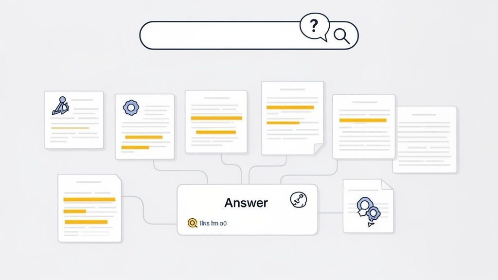 Illustration of a search process connecting multiple documents to generate a centralized answer.