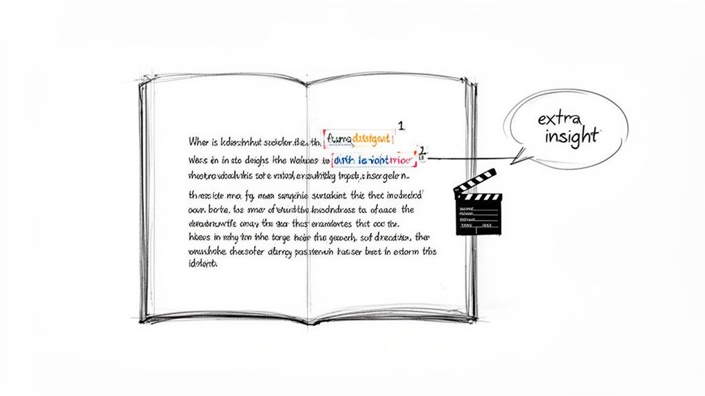 Sketch of an open book with text annotations, a clapperboard, and a speech bubble with 'extra insight'.