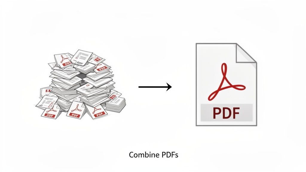 Illustration showing multiple PDF files merging into a single PDF document, symbolizing PDF combination.