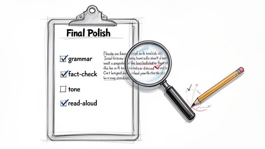 A 'Final Polish' checklist on a clipboard with grammar, fact-check, and read-aloud checked. Magnifying glass and pencil indicate editing.