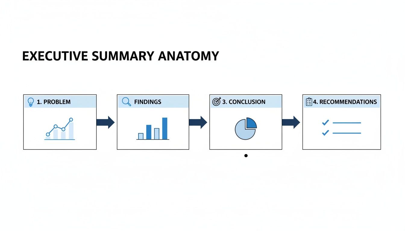 A flowchart showing the anatomy of an executive summary: problem, findings, conclusion, and recommendations with icons.