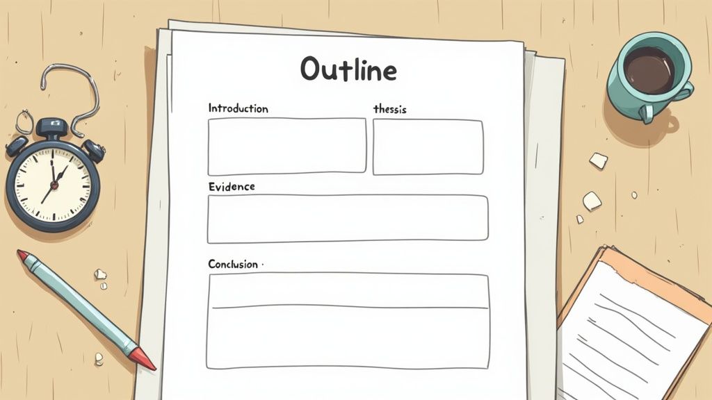 An image showing a focused writing environment with a laptop, notebook, and a timer set for a sprint.