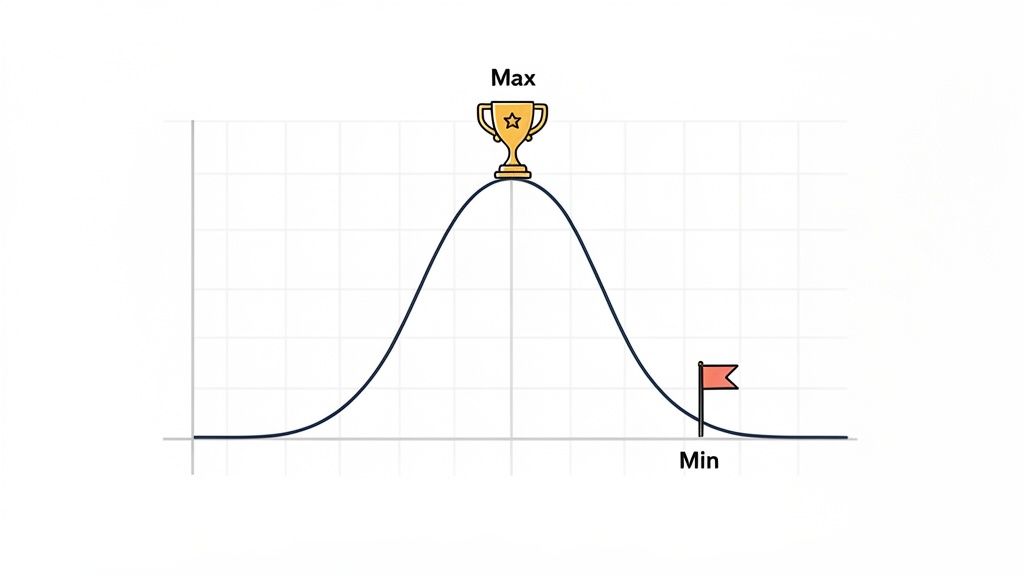 A bell curve graph showing a trophy at the peak labeled "Max" and a flag at the tail labeled "Min".