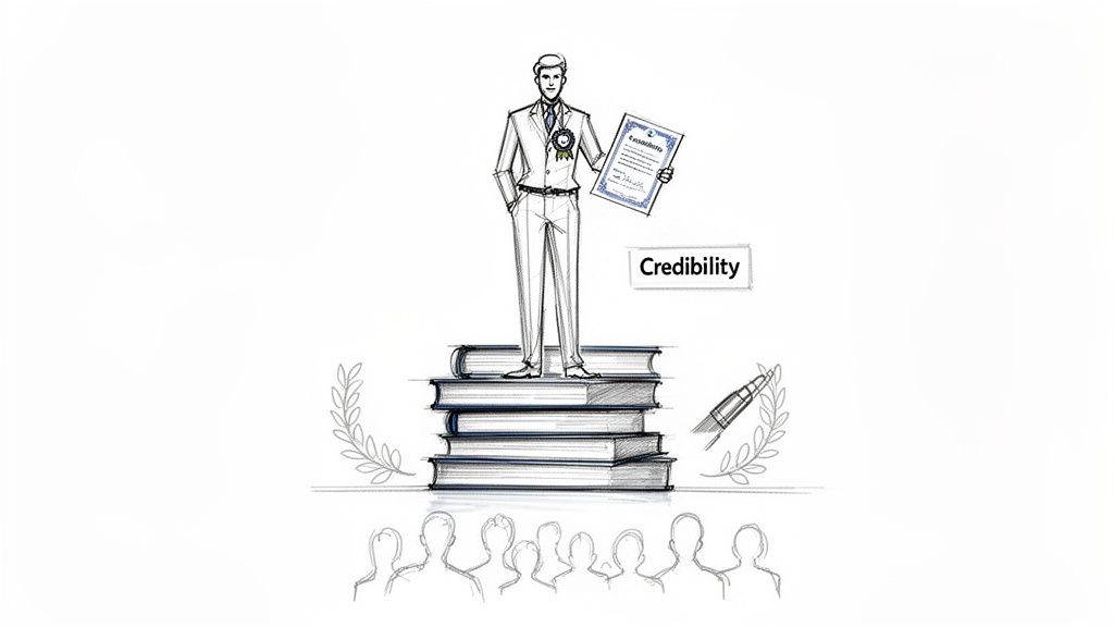 A man stands on books, holding a certificate and wearing a medal, symbolizing credibility and achievement.
