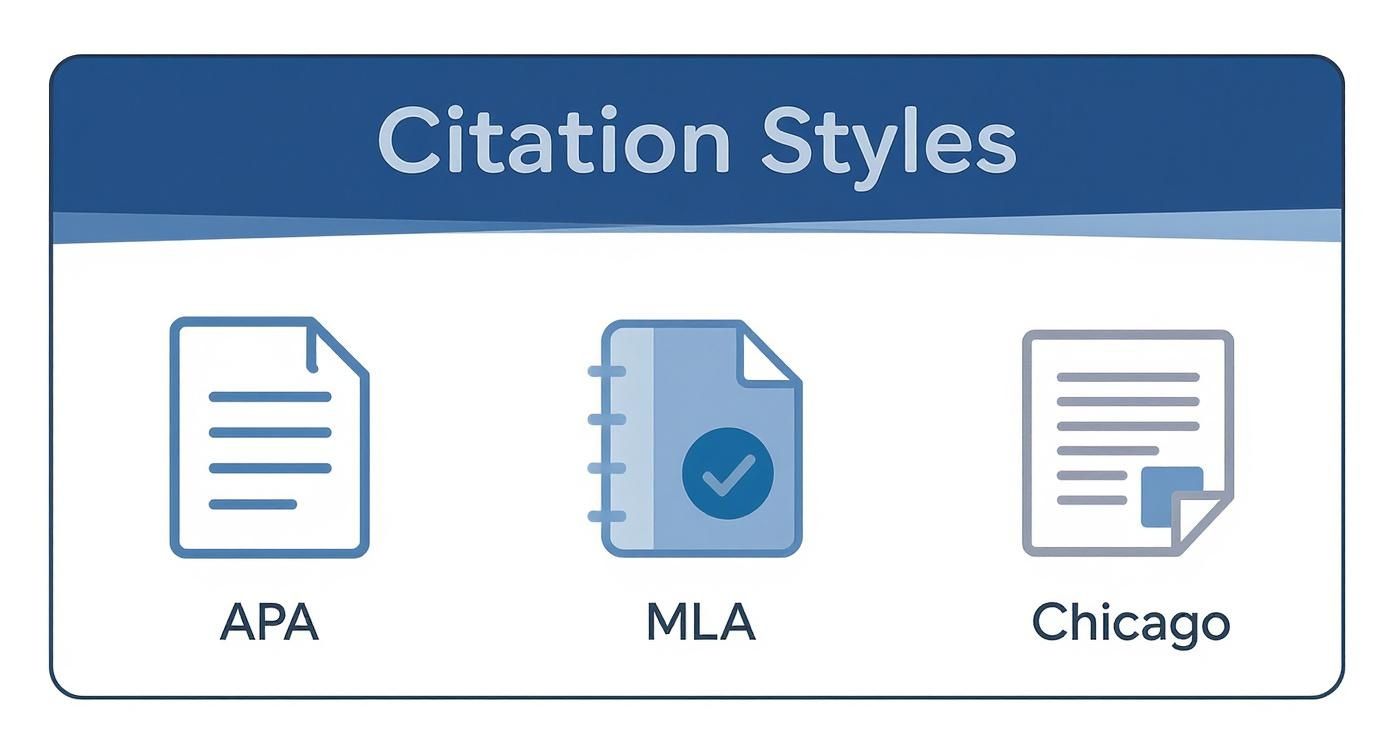Illustration of three common academic citation styles: APA, MLA, and Chicago, each with a document icon.