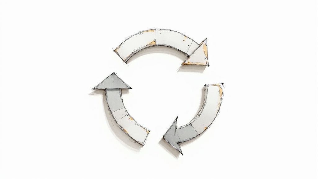 Hand-drawn recycle symbol with three arrows forming a clockwise circle on a white background.